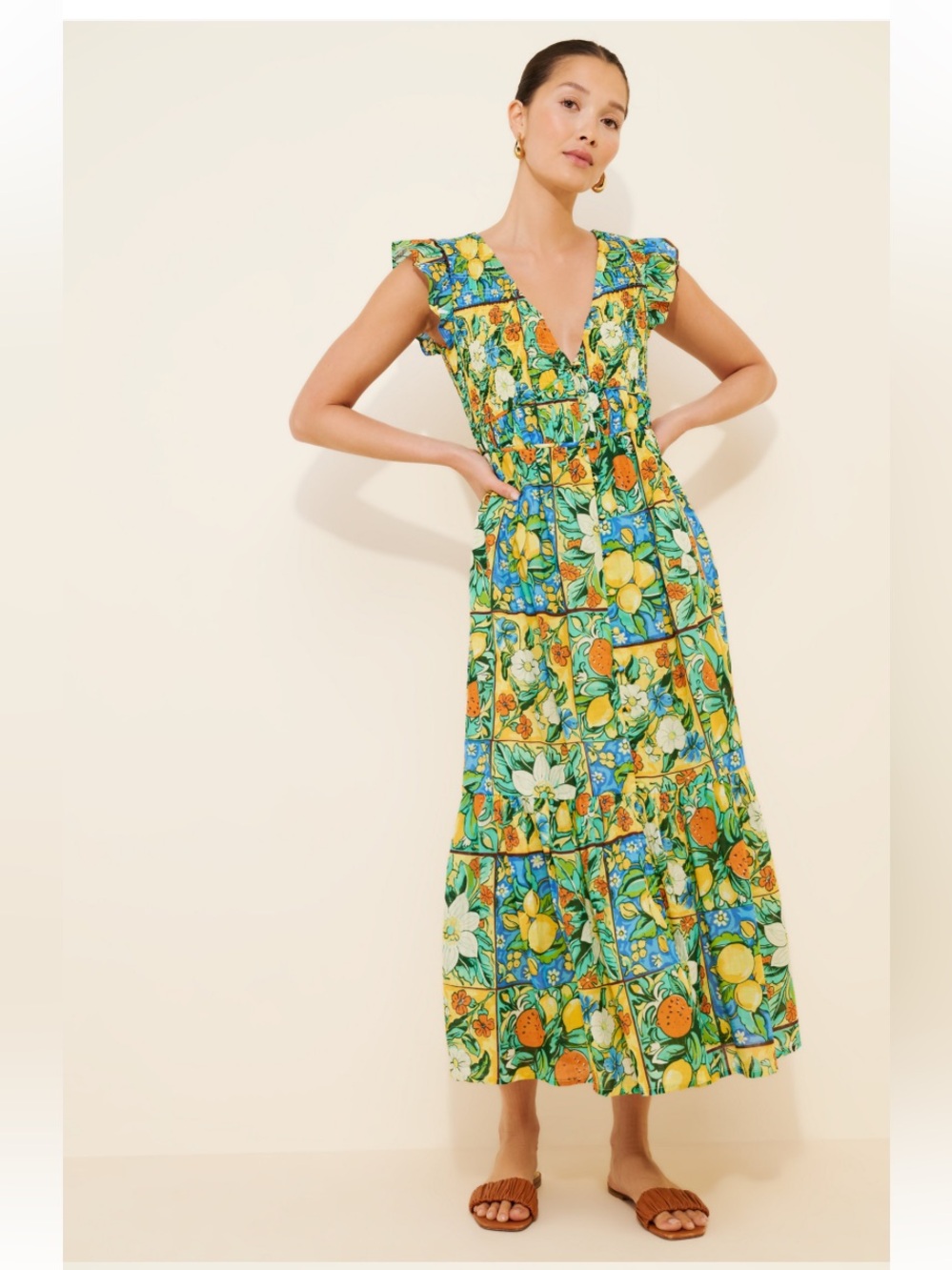 New Anthropologie Peregrine Flutter Sleeve Smocked Maxi Midi Lemon Fruit Dress S - Picture 1 of 6